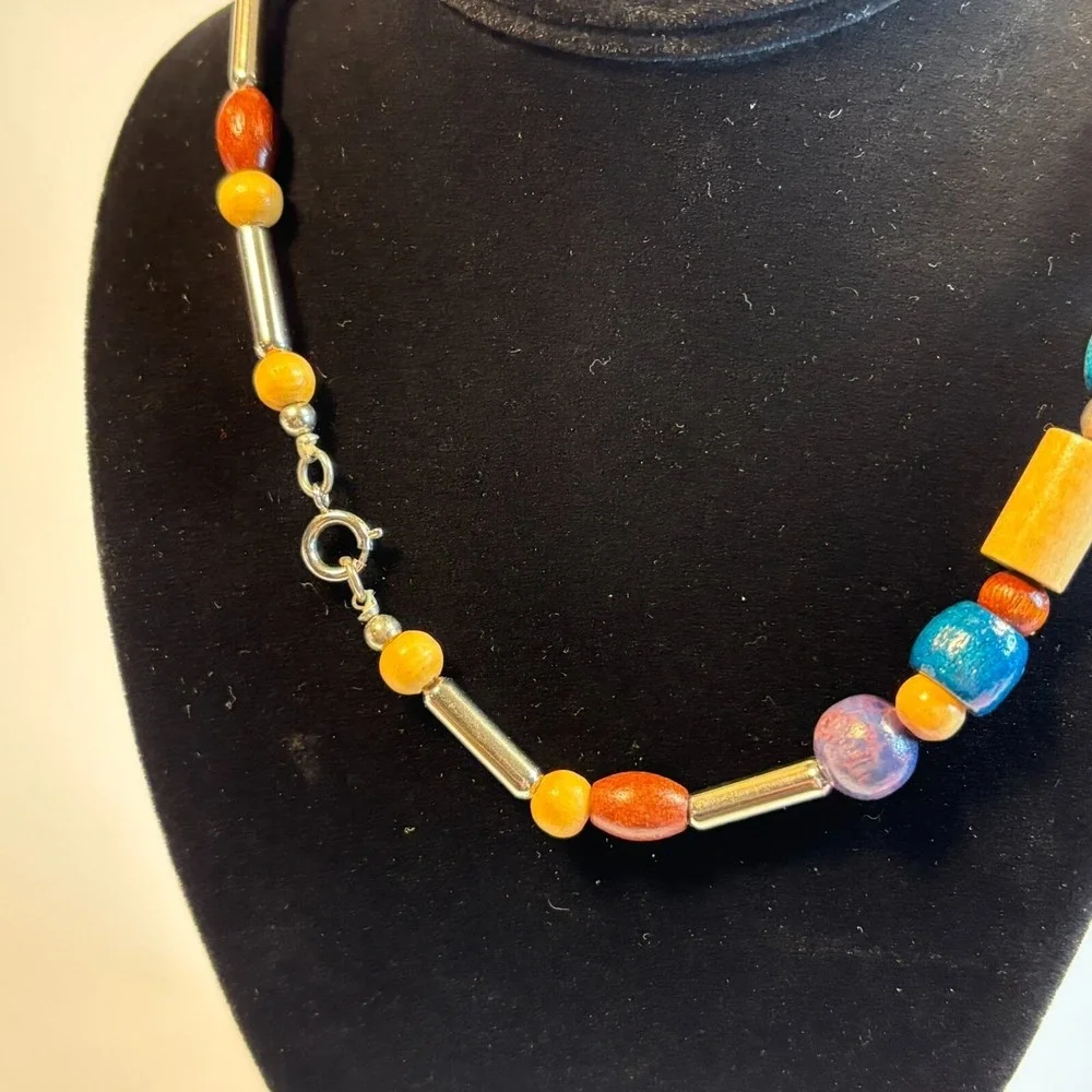Chunky Vintage Necklace Wood Beads Boho Colorful Eye Catching‎